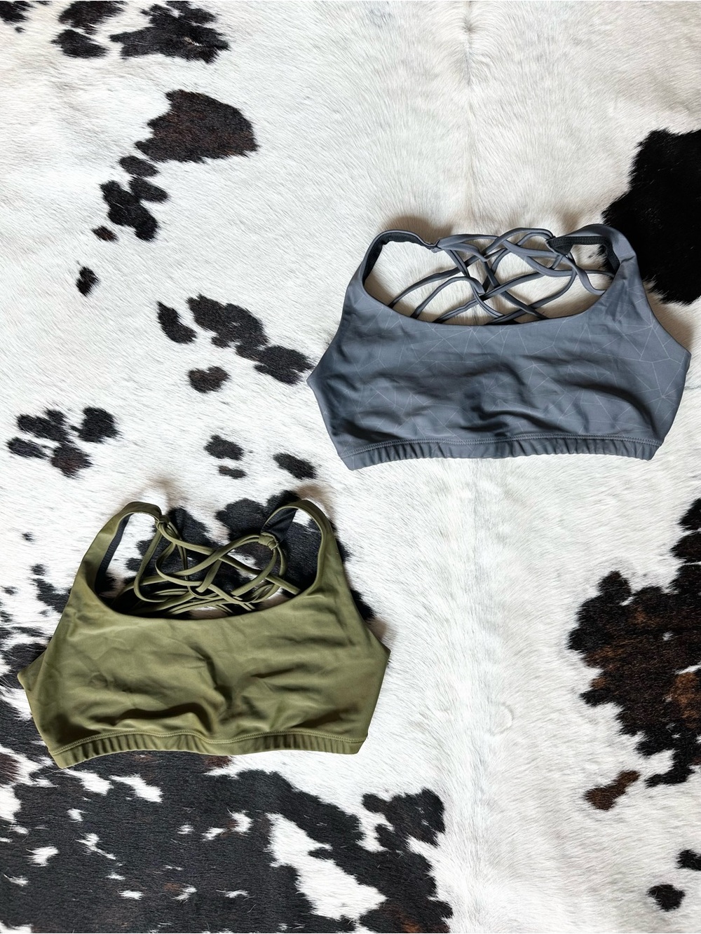 Onzie Crisscross Sports Bras in Olive Green & Slate Gray M/L